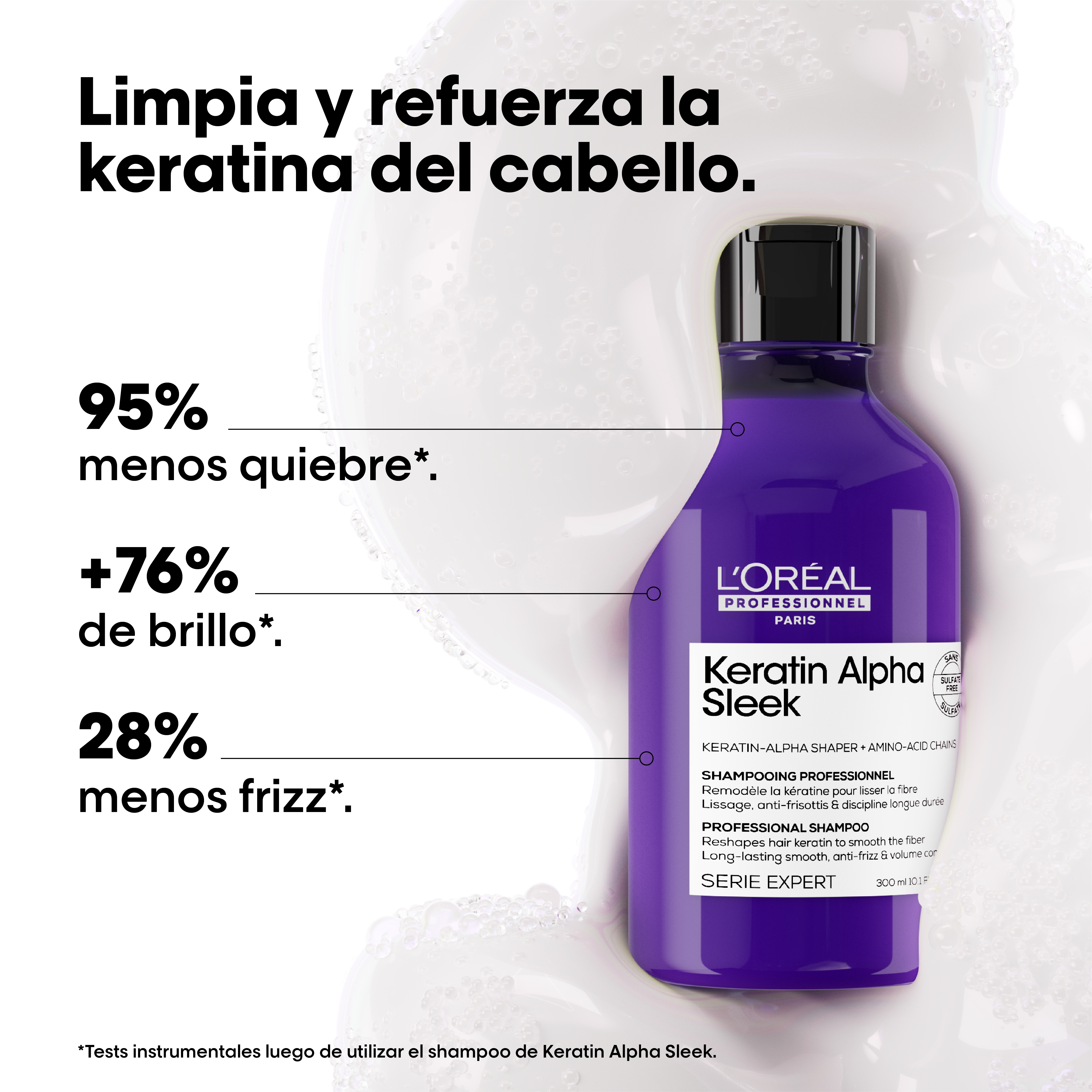 L'Or&eacute;al Professionnel Keratin Alpha Sleek Shampoo Sin Sulfatos Suavidad y Control del Frizz, 300 ml